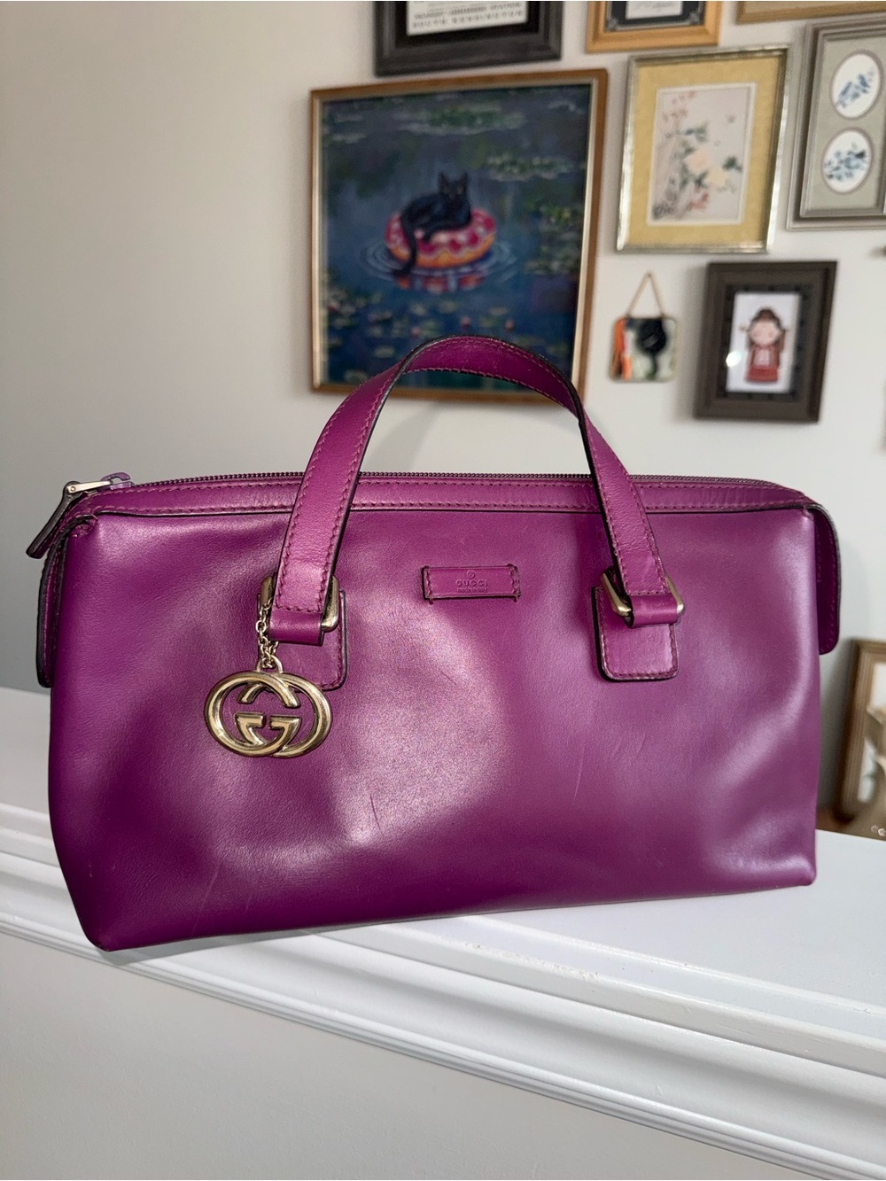Gucci Purple Leather Top-Handle Satchel with Gold-Tone Logo Charm - Picture 2 of 13